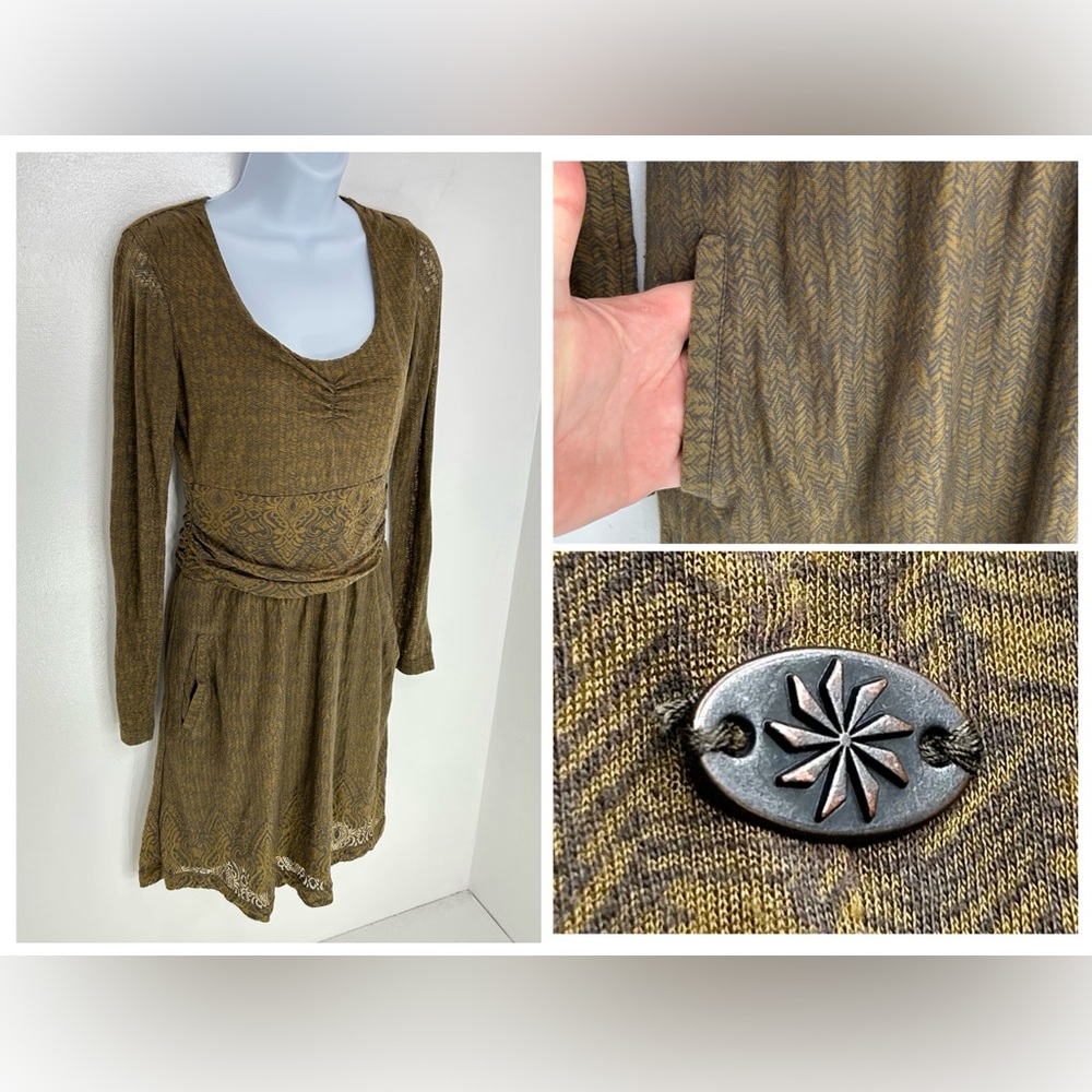 ATHLETA Dress Size Small Long Sleeve Ruched‎ Bust Printed Pattern Pockets V Neck